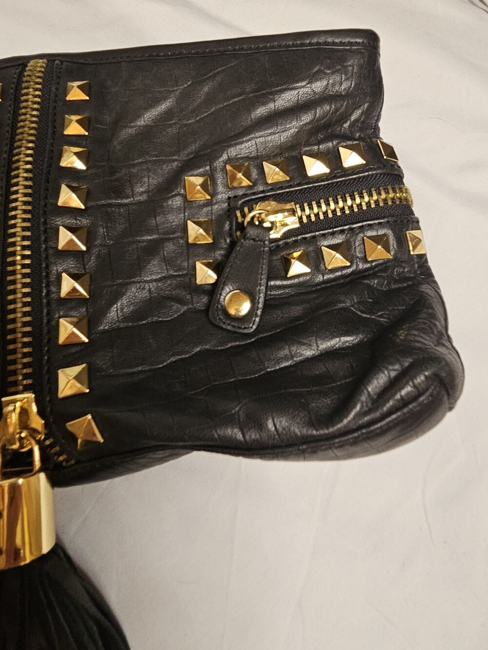 Betsey Johnson Genuine Leather Black Studded Tassel Clutch - Picture 6 of 7